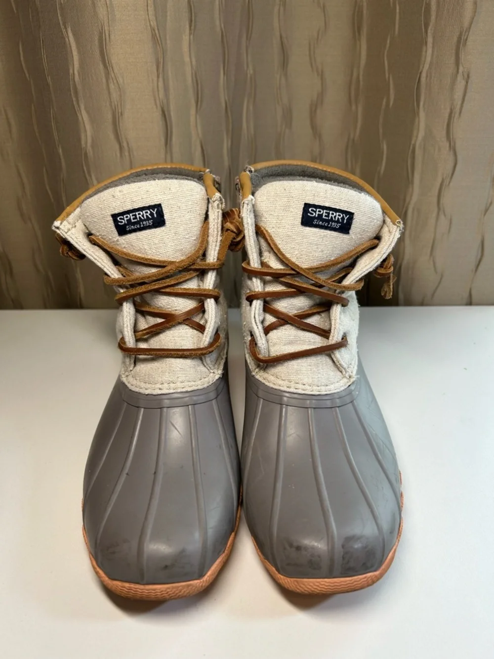 Sperry Saltwater Sport Girl's 3M Duck Boot Side Zip Gray Tan Peach STK164544